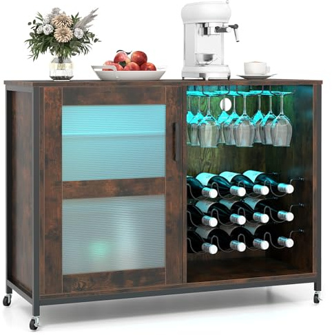 FANTASK Barschrank, Weinschrank mit LED-Beleuchtung, Rollen, verstellbaren Regalen, Glashalter Flaschenhalter, Sideboard Küchenschrank industriell für Esszimmer Wohnzimmer
