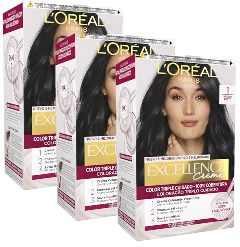 L'Oréal Paris Pack 3 Excellence 1 Negro | Pack de 3, Tinte permanente, Triple Cuidado con Pro-Keratina, Ceramida e Ioneno G, Excellence