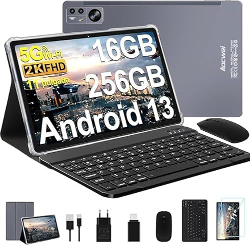 Tablet 11 Pollici, Android 13, 16GB RAM + 256GB ROM (TF 512GB), 2000 x 1200 Pixel, 8600mAh, WiFi 5G, 2.0GHz, 5MP + 13MP, Bluetooth 5.0, Tablet con Tastiera + Mouse + Custodia Protettiva - Grigio