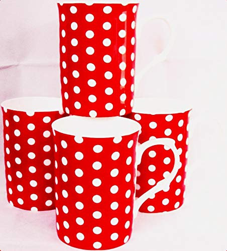 fromeuropewithlove Red Dots Mugs Set of 4 Fine Bone China Red Cups Hand Decorated in UK
