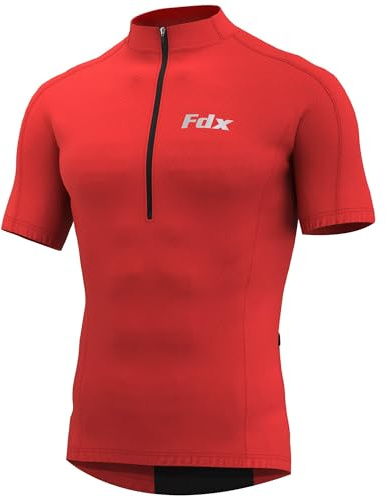 FDX Maillot de Cyclisme pour Homme, Demi-Zip, Respirant, à Manches Courtes et 4 Poches, idéal pour Le VTT, la Course, la Course à Pied et Les activités de Plein air. (Red, X-Large)