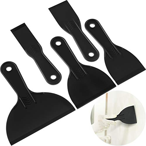 5 Pieces Plastic Putty Knife Set Flexible Paint Scrapers Tool for Spackling, Patching, Decals, Wallpaper, Baking, Wall, Car Putty and Painting (Black, Size Set 2)