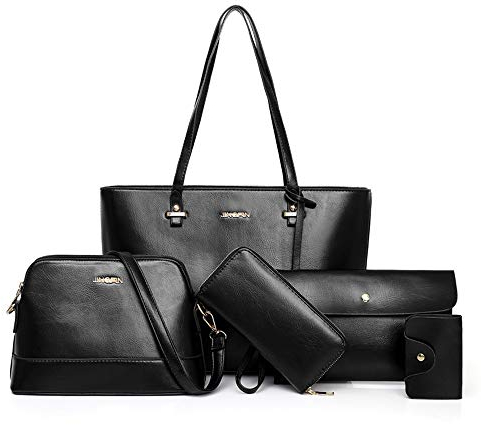 AlwaySky Handtaschen-Set für Damen 5er Pack Tote Geldbörse Handtaschen Set PU-Leder Schulranzen Umhängetasche Brieftasche Kartenhalter Taschenset, Schwarz