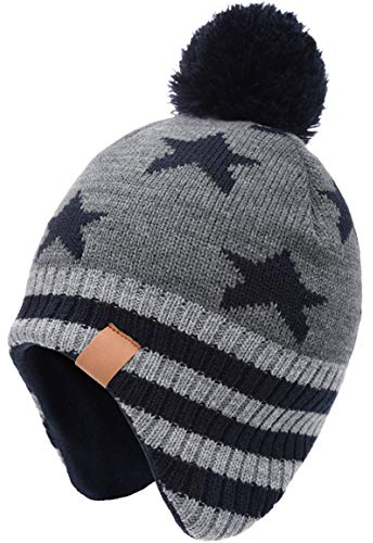 Foruhoo Jungen Mütze Strickmütze Beanie, Jungen Wintermütze Hut mit Fleecefutter(Grau Stern,53cm)