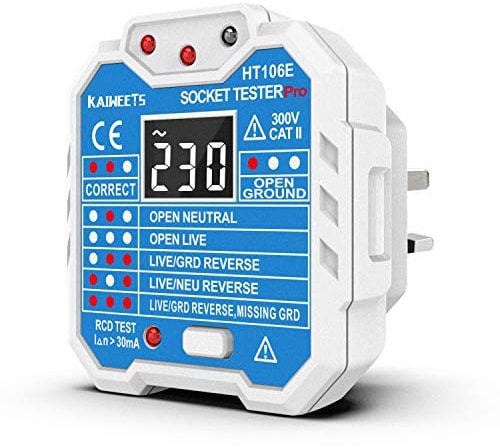 KAIWEETS HT106E Socket Tester UK, RCD Plug Socket Tester Electrical Voltage Tester with LCD Display for Neutral/Live/EarthWire/RCD Testing, CAT II 300V, Includes 7 Visual Indications and Wiring Legend