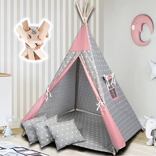 PaLulli Tipi Spielzelt für Kinder mit Matte & Anti-Kollaps-System & 3 Dekokissen Baumwolle- Segeltuch Kinderzelt (Stars Pink)