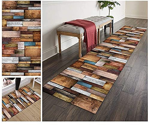 ZVEZVI Teppich Läufer Flur Küche rutschfest Waschbar Holzbrettmuster 50x150cm Bunter Modern rutschfest Waschbar Vintage Kücheläufer Teppichläufer Polyester Meterware Anpassbar