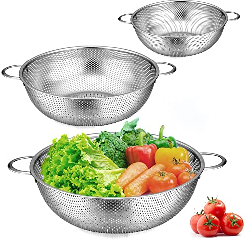 Herogo Lot de 3 passoires de cuisine en acier inoxydable avec poignées, passoire micro-perforée, passoire en métal pour drainage et affiner les pâtes, les fruits, les légumes,16 cm, 22 cm, 28 cm