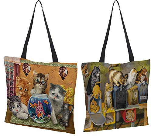 crazy bean 2 StüCk Stoffbeutel Bedruckt,Wiederverwendbare Einkaufstasche Katzenmuster-Design Leinen Tasche Hohe KapazitäT Perfekt Als Einkaufstasche 43x43cm(C)