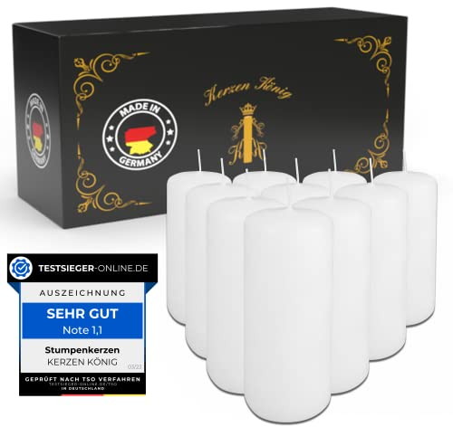 KERZEN KÖNIG® Das Original! Premium Stumpenkerzen - Made in Germany - 10er Kerzen Set mit langer Brenndauer - weiß - 40x90mm