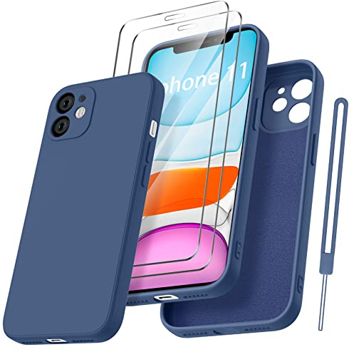Qasyfanc Coque Protection Caméra pour iPhone 11 avec 2 Pièces Verre Trempé, Housse de Protection Silicone Antichoc Doublure Microfibre Douce Ultra Fine Coque iPhone 11 6.1 (Bao Bleu)