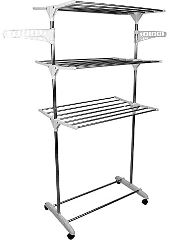 Etendoir à Linge 3 Niveaux, Etendoirs sur Pied Pliable et Portable, Sechoir a Vêtements, Sechoir à Linge avec Ailes Latérales, Etendage à Linge Intérieur/Extérieur (Blanc-argent, 75×44×158 cm)