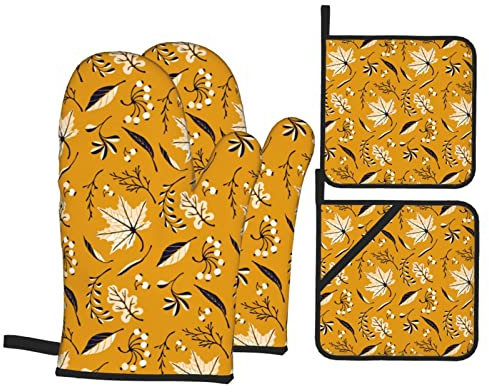 Gants de Four et maniques Ensembles 4 pièces, Feuilles d'automne en Style Dessin animé Gants de Four résistants à la Chaleur antidérapants pour la Cuisine, Le Gril, la Cuisson