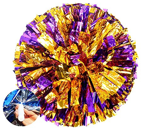SHTGOI 2 Stück Cheerleading Pompons Metallfolie Cheerleading Pom Poms mit Handle Cheerleader Handblumen Cheers Blumenball für Sportveranstaltungen Ballspiele Tänze Karnevalspartys Lila+Gold 1#