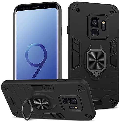 Btstring Hülle kompatibel mit Samsung Galaxy S9, Militär Standard Stoßfest Handyhülle Case Hybrid Metall Ring Halter Schutzhülle Handy Hüllen Cover -Schwarz
