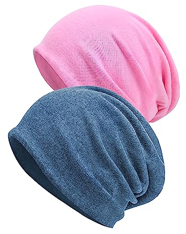 Senker Fashion Slouchy Beanie-Mütze, Baumwolle, Chemo-Kopfbedeckung, Mützen für Damen und Herren, I-Denim-Blau/Rosa, 2 Stück, I-Denim, Blau/Rosa, Large
