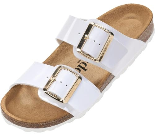 Palado Pantoletten Damen Samos EGS - bequeme Sandalen Made in Spain - Hausschuhe mit dämpfendem Kork-Fußbett - modische Sommerschuhe Weiß Lack UK7 - EU40