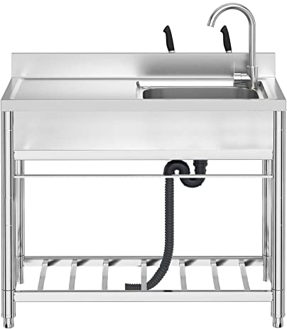 Fregadero de cocina comercial con compartimento para exteriores, fregadero de restaurante, fregadero de acero inoxidable con grifos, escurridor y mesa de preparación,cuenco individual grande