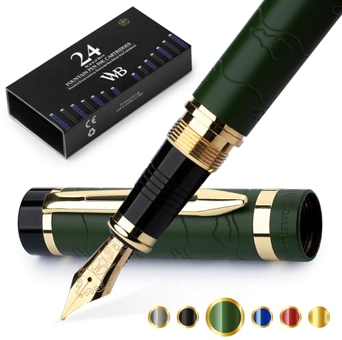 Wordsworth & Black Primori Fountain Pen Set [Green Gold]; Medium Nib, Gift Case, 24 Ink Cartridges, Refill Converter, Manual; Journaling, Calligraphy, Smooth Writing Pens; Left and Right Handed