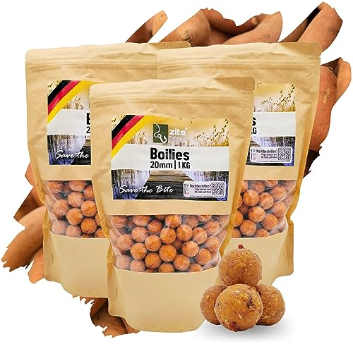 Zite Fishing Boillies fürs Karpfen-Angeln – Verschiedene Aromen 3x1kg – Angelköder sinkend in wiederverschließbaren Beutel – Hochfängige Aromen & Wohldosierte Aminosäuren (Süßkartoffel-Chilli)