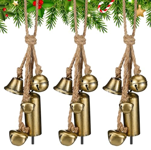 Hiboom Rustikale Weihnachtsglocken, rustikale Harmonie, Glöckchen, Cluster, Vintage, Glück, Metall, Kuhglocken am Seil, Weihnachtsdekoration, Weihnachtsdekoration für Haustür, Veranda, Zaun,