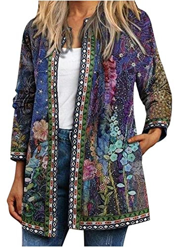 AMhomely Cardigan for Women - Women's Ethnic Jacket O-Neck Full Sleeve Cardigan Vintage Print Casual Lightweight Jacket Shirt for Work Officce Sale Clearance UK Size S-5XL, 01 Blue