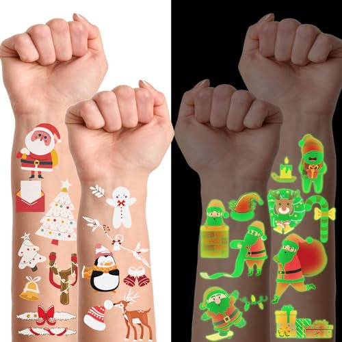 NDLT Leuchtende Weihnachts-Tattoos für Kinder, Strumpffüller, Weihnachtsfeier-Dekorationen, Zubehör für Geburtstagsfeiern, Weihnachtsfeiertags-Aufkleber, Spiele für Jungen und Mädchen (16 Blatt)