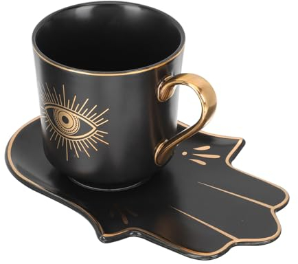 BESTonZON Kaffeetasse mit Untertasse Keramik Teetasse Milch Tassen Frühstücktasse Cappuccino Tasse mit Böser Blick Nazar Augen Kaffeebecher für Zuhause Büro Tischdeko Schwarz