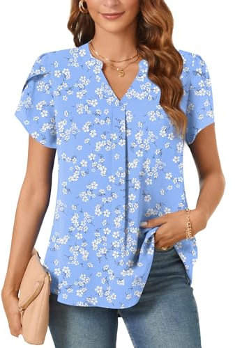 Aodemo Women's Summer Chiffon V Neck Blouses Tulip Short Sleeves Dressy Tunic Office Tops Casual Loose T-Shirts XL, Blue White Flower