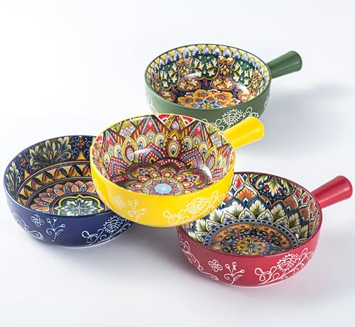 Bol à Soupe avec Poignée, Bols à Céréales/Marmite à Soupe en Céramique pour Céréales/Pâtes/Oignons français, Saladier passe au Micro-ondes et Four- Style Bohème