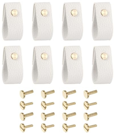 QUARKZMAN Lot de 8 Poignées de Tiroir en Cuir pour Remplacement Blanc | des Boutons Traditionnels, pour Tiroir de Commode Placard Armoire de Cuisine