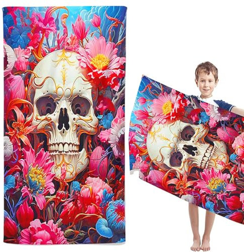 CYSYLQW Skull Totenkopf Strandtücher Groß 80×160cm Skull Blumen Skelett Badetuch Strandlaken Handtücher 50x100cm Gotisch Badetuch Groß 100x200cm Microfaser Handtücher (70 x 140 cm,2)