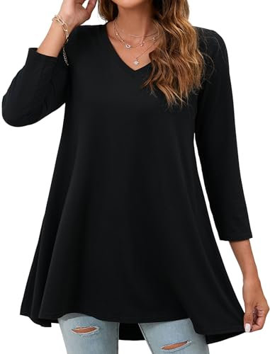 Enmain Tunic Tops for Women UK Black Womens Plus Size Tops 3/4 Length Sleeve Ladies Tunics Longline Casual Loose Fit V Neck Blouse for Leggings 4XL