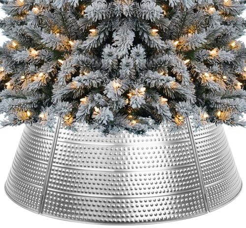 Christmas Tree Collar Metal, 28 Silver Tree Collar, 5-Panel Christmas Tree Base Collar for 7.5Ft 9Ft 12Ft Real & Artificial Christmas Trees, Christmas Tree Ring Christmas Tree Skirt for Pencil Trees