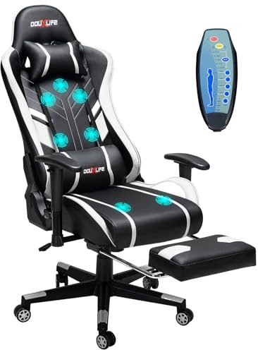 Douxlife Gaming Stuhl, mit 7 Punkt Massage, Fußstütze, Ergonomischer 180KG Bürostuhl, 90-175° Rückenlehne einstellbar, Verstellbare Armlehne, Schreibtischstuh für Erwachsener, Weiß