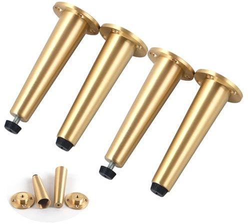 Lot de 4 pieds de meubles en métal réglables avec finition en laiton moderne, pieds de table basse, parfaits pour armoire, armoire, meuble TV et table de chevet, 6 cm de hauteur