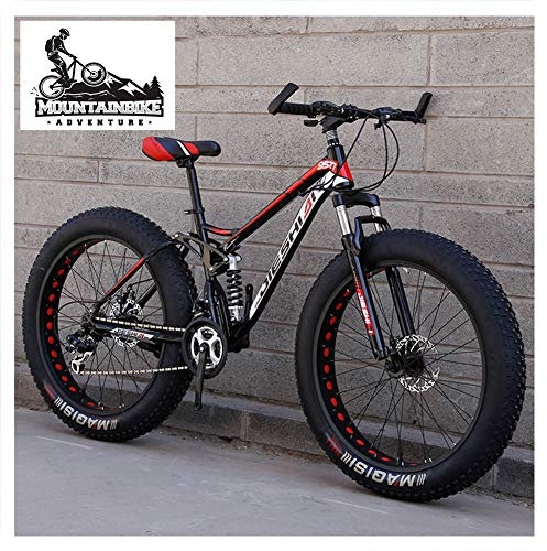 Vollgefederte Mountainbikes mit Doppelscheibenbremse für Erwachsene, Männer und Frauen, Mountainbike mit dickem Reifen aus Kohlenstoffstahl, All-Terrain-Mountainbike, New Red, 24 Zoll, 21 Gänge