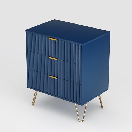 Table de chevet avec tiroirs, table d'appoint avec tiroirs, commode avec pieds de support dorés, table de chevet avec décoration à motif vertical, stand de nuit pour chambre à coucher, salon, bleu