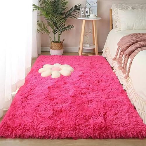 Homesally Shaggy Hochflor Teppich, Flauschig, rutschfest, Waschbar Flauschiger Teppich Grand Moderner Teppich für Wohnzimmer Schlafzimmer,Rose red,80×200cm