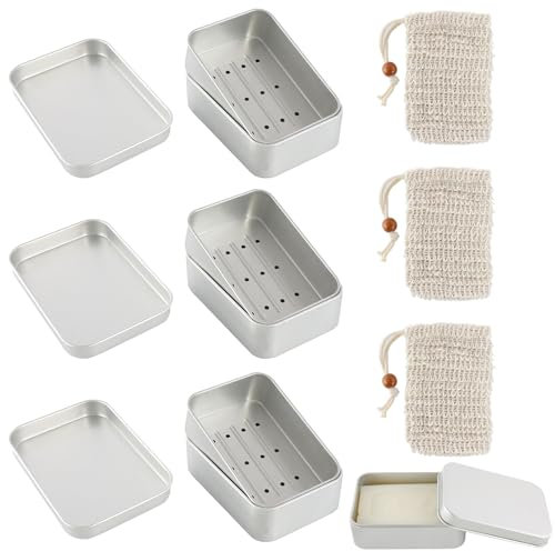KATIMI 3 Pezzi Porta Saponetta in Alluminio, Portasapone da Viaggio con 3 Sacchetto di sapone in Sisal, Porta Sapone con Griglia Sgocciolatoio per Tutti i Saponi Solidi
