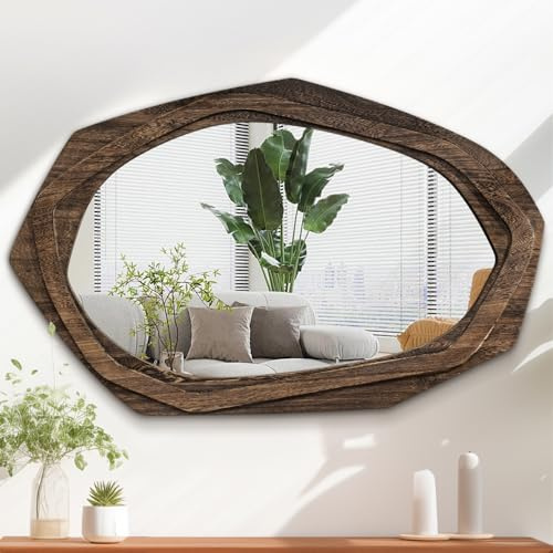 AAZZKANG Asymmetrical Wall Mounted Mirror Large with Retro Wood Framed Irregular Hanging Mirrors for Bathroom Bedroom Living Room Entryway 70L x 45W cm