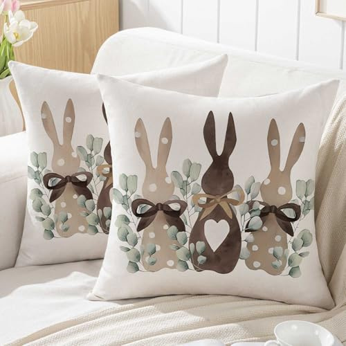Jayusaror Ostern Kissenbezug 45x45 cm DREI Hasen Eukalyptus Frühling Kissenhüllen Outdoor Osterhase Sofakissen Bauernhaus Dekokissen Kissen Couchkissen Kissenbezüge Zierkissenbezug Couch Deko 2er Set
