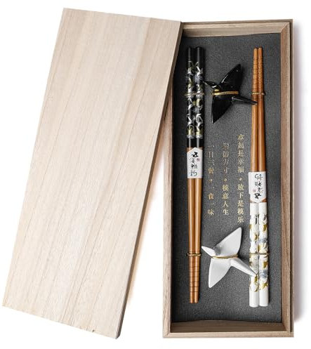 BAIFULAI Juego de 2 pares de palillos de sushi, palillos de sushi de madera con soporte de papel de cerámica, sostenible, chopsticks japonés, chino, coreano, taiwanés, regalo japonés