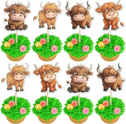 36 Stück Hochland Kuh Tortendeko Süße Hochlandkuh Kuchen Deko Kuh Rinder Bauernhof Cupcake Toppers für Baby Dusche Geburtstag Party Kuchen Dekorationen