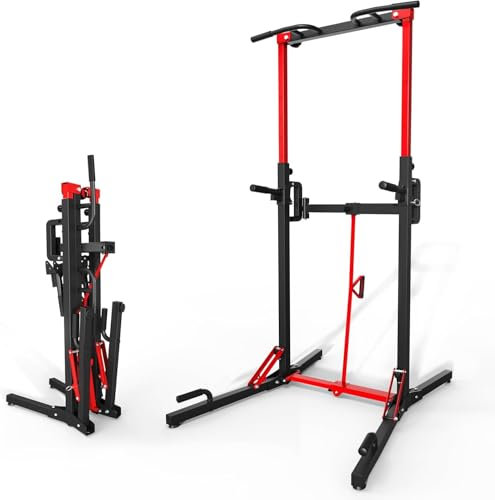 ONETWOFIT Faltbar Power Tower Dip Station & Kraftturm, höhenverstellbar multifunktionale Kraftstation mit Assistive Trainer Klimmzugstange, load max 160kg (Schwarz-Einfache Installation)