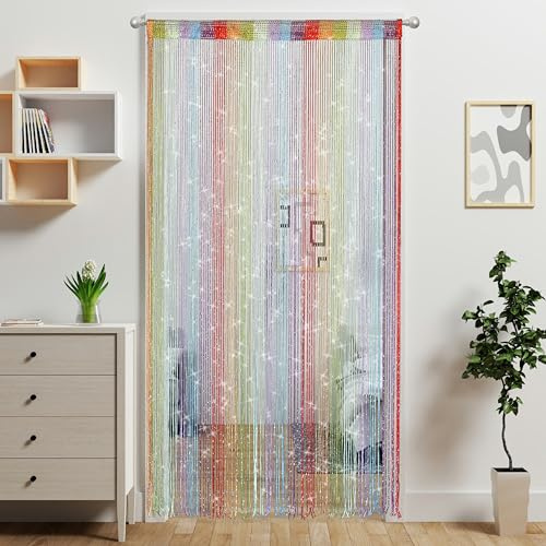 Ateasierlife Door String Curtain Doorway Beads Curtains,Hanging Room Divider Beaded Decor Hippie Glitter Fringe Panel Closet Window Wall Backdrop Doors Sequin Sheer Boho Doors Tassel (Rainbow)