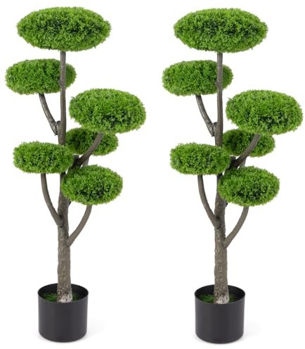 COSTWAY 1/2 Set Artificial Cypress Topiary Ball Tree, 3.6FT/110CM Faux Cedar Plants with Weighted Pot, Indoor Outdoor Decorative Fake Greenery Potted Shrub Plant for Home Office (2)