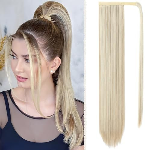 Benehair Lang Glattes Pferdeschwanz Haarteil Synthetik Haarverlängerung Zopf Haar Extension Haarteil Zopf Ponytail Extension für Damen Mädchen Blond mit Hellbraunen Strähnen 71cm
