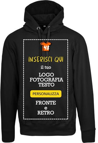 T-SHIRT48 Felpa Personalizzata Uomo con Foto, Testo o Loghi Made in Italy - Felpa Personalizzabile con Cappuccio - Regali e Gadget Personalizzati (Nero - L)