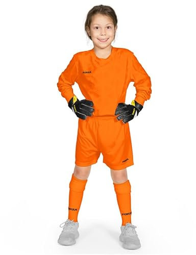 FORZA Kids' Goalkeeper Long Sleeve Kit – Breathable & Sweat-Wicking Football Goalie Set – Includes Shirt, Shorts & Knee-High Socks (Fluro Orange, Age 13-14)